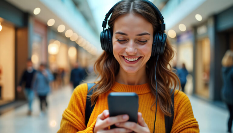 Young woman enjoys music and mobile phone in shopping mall. Happy female uses phone and, listens to music. Modern lifestyle. Urban setting. Casual clothing style. Bright colors.