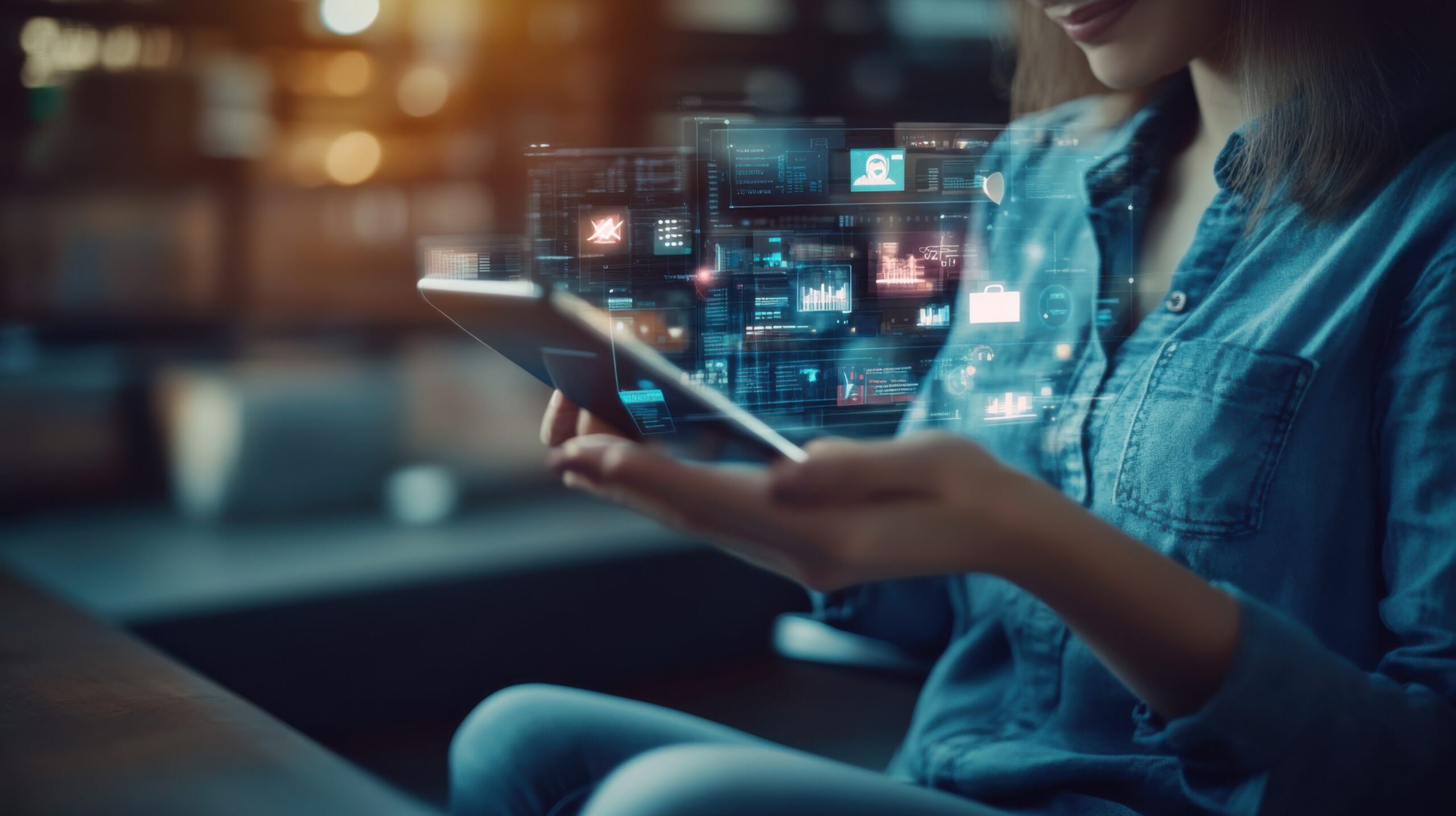 A person holds a tablet with a holographic interface displaying various digital touch points and icons, suggesting movement across across websites, apps, digital audio, and Connected TV. The person is wearing a denim shirt and jeans, sitting in what appears to be a dimly lit, modern interior with blurred lights in the background.