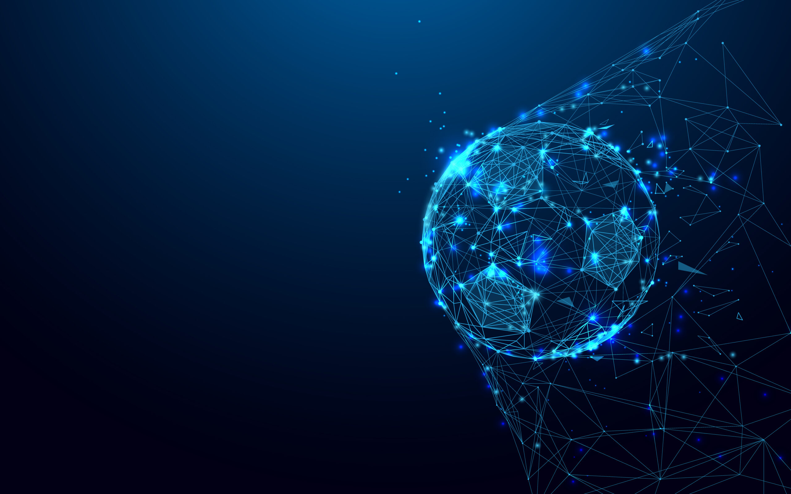 A data-style illustration of a football striking the back of the net, formed from a glowing network of nodes and lines in Covatic blues — a quiet nod to data behind the moment of a goal.