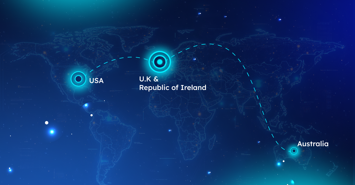 Map with UK, Republic of Ireland, USA and Australia marked