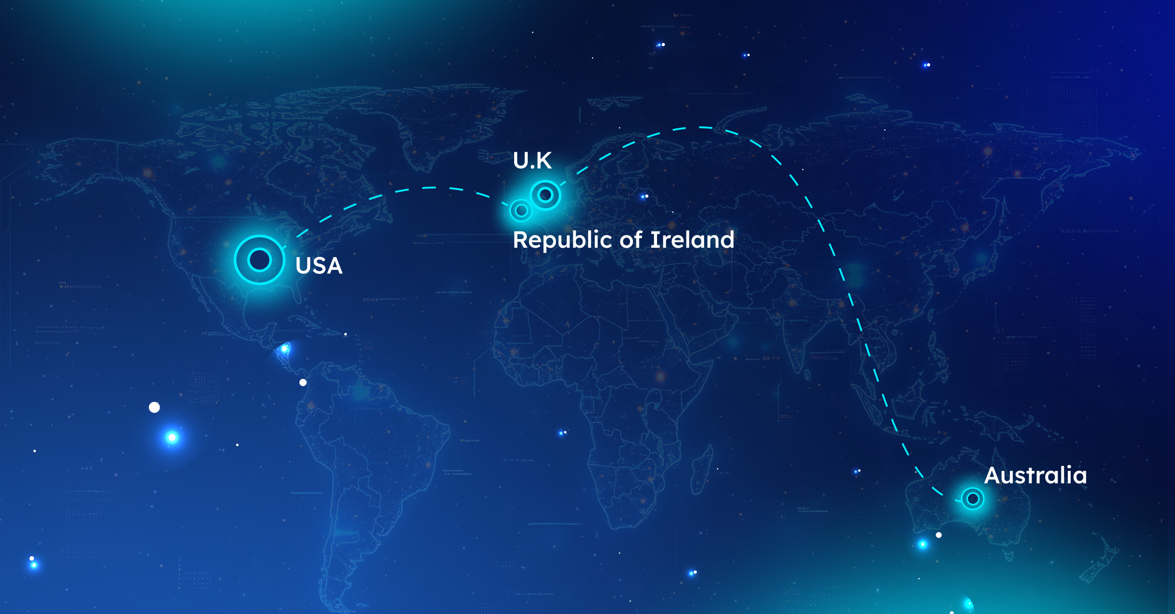 Map with UK, Republic of Ireland, USA and Australia marked.